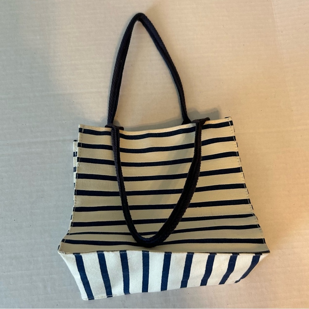 Small Striped Canvas Tote Bag snap closure beige and navy stripes